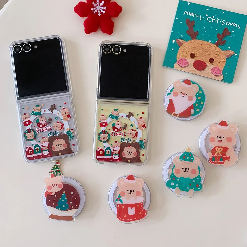 Cute Santa Claus Bear For Magsafe Magnetic Bracket Lanyard Phone Case for Samsung Galaxy Z Flip 5 6 5G PC Hard Back Cover Funda