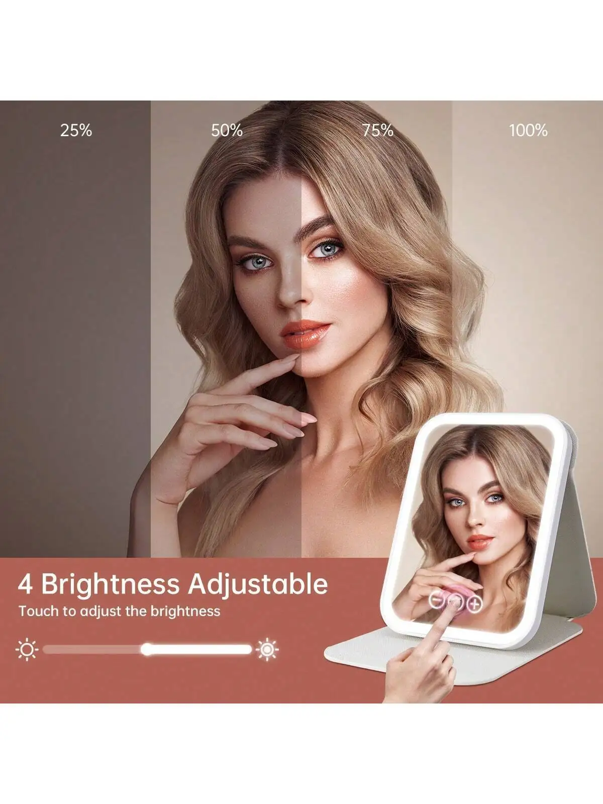 Espejo de maquillaje LED Espejo de belleza iluminado de viaje portátil, iluminación de 3 colores, pantalla táctil regulable, pliegue LED de mesa recargable