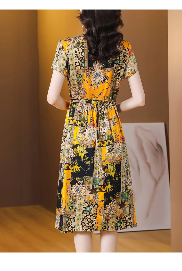 2023 Summer Fashionable Heavyweight Silk Mulberry Silk Dress Women's Short Sleeve Retro Print Slim Mid length Knee Length Dress