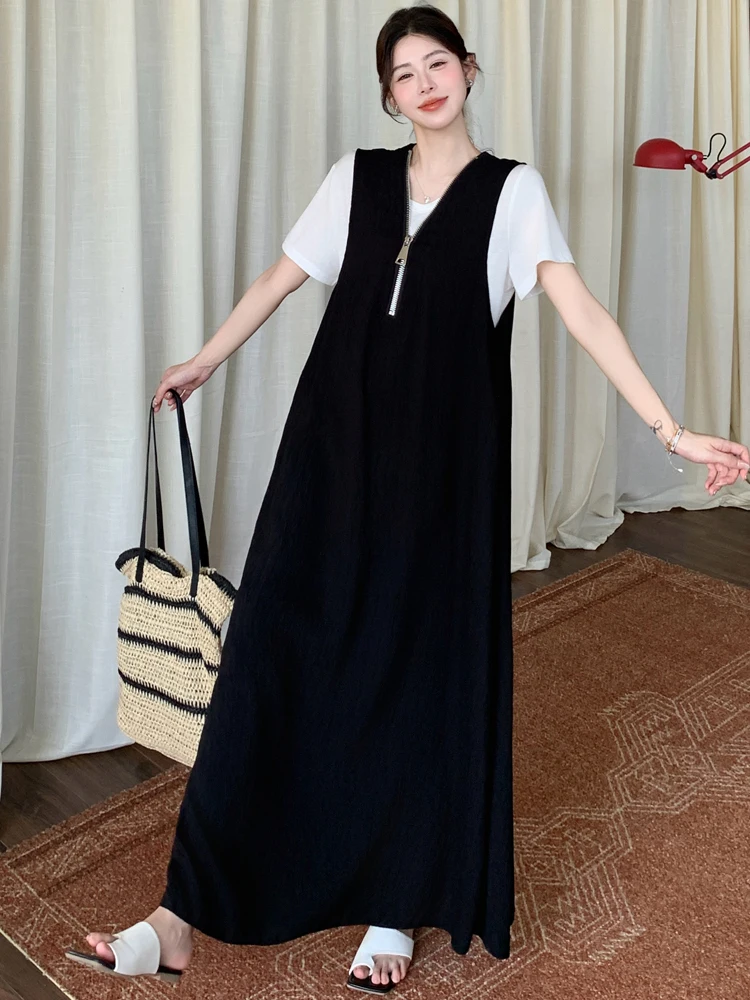 NYFS ชุดสตรีฤดูร้อนหลวมพลัสขนาดแขนสั้น 2 ชิ้นชุดวันหยุด T เสื้อ + ชุดสีดํา Robe Ete femme Elbise 2025 ใหม่