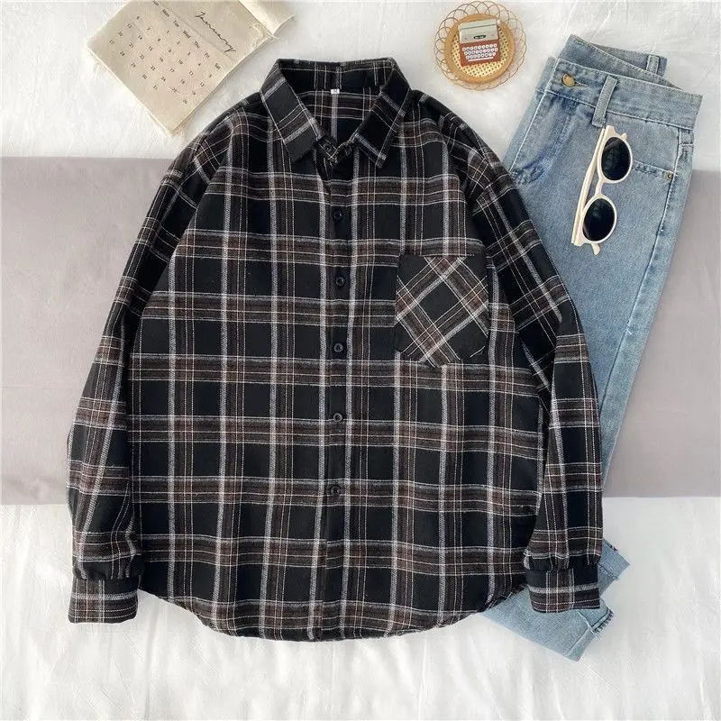 Geruite overhemden Vintage oversized overhemd met knopen en lange mouwen Koreaanse mode Casual knoopblouse met enkele rij knopen Herfst uitloper tops