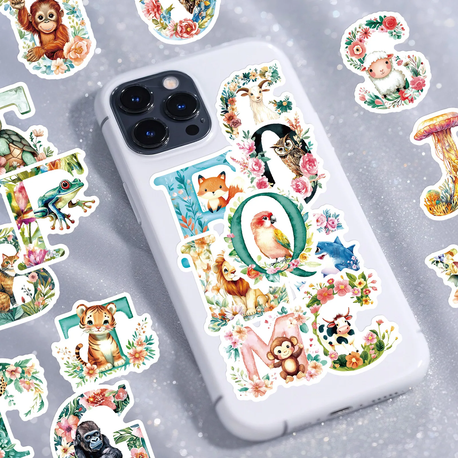 สติกเกอร์ตัวอักษรลายดอกไม้สัตว์น่ารัก 56 ชิ้น สไตล์สีน้ำ สติกเกอร์ตกแต่งตัวอักษรภาษาอังกฤษแบบสร้างสรรค์