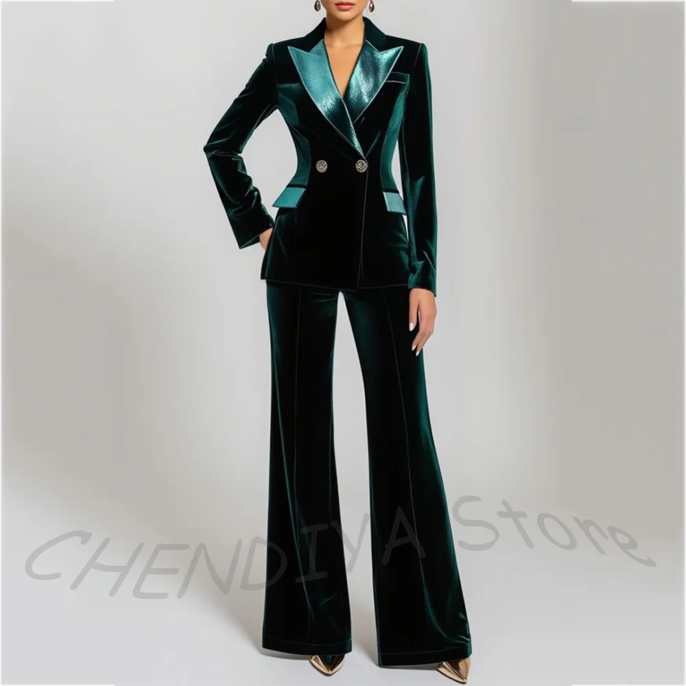 Green Velvet Formal Suit 2 Piece Jacket With Pants Satin Lapel Peak Double Buttons Office Lady Smart Casual Female Outfit