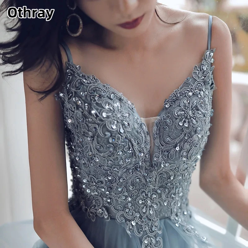 Othray A-Linie Abendkleid, sexy Spaghettiträger, bodenlang, ärmellos, Spitzenapplikationen, Perlen, Partykleid, individuelle formelle Kleider