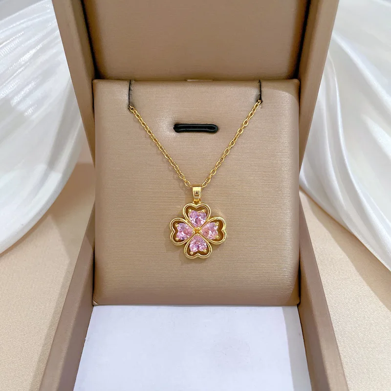 Exquisite Fashion Micropaved Pink Flower Necklace Classic Charm Clover Girls Stainless Steel Collarbone Chain Gift