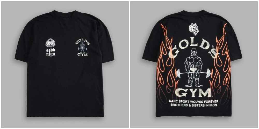 2026 American Vintage GOLD'S GYM T-Shirt mit Flammen-Wolfkopf-Print, Kurzarm, Herren, Locker Geschnitten, Schweres Gewicht, Fitness- und Trainings-T-Shirt – Detail 4
