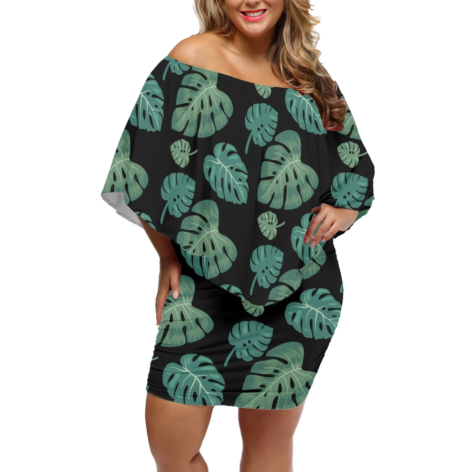 Polynesia Summer Women's Clothing Off Shoulder Bat Sleeves Buttocks Skirt Samoa Tribe Palm Leaves Printing Women Party Dress