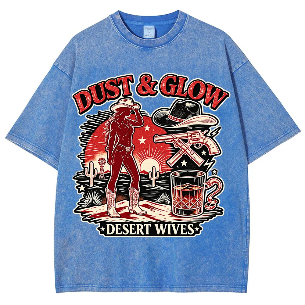 Vintage Western Cowboy Graphic T Shirt Men Oversized Washed Tee Short Sleeve Casual Streetwear Desert Vibes Top ﻿