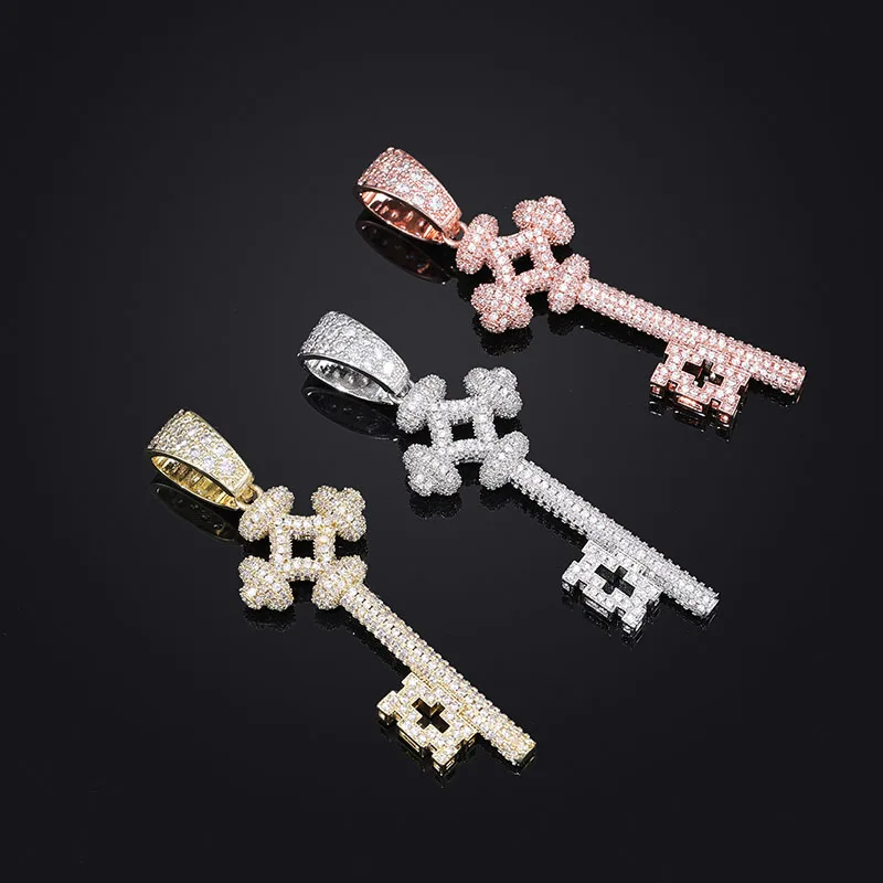 Hip Hop 3A+ CZ Stone Bling Iced Out Key Pendant Necklace for Men Rapper Jewelry Gold Silver Color