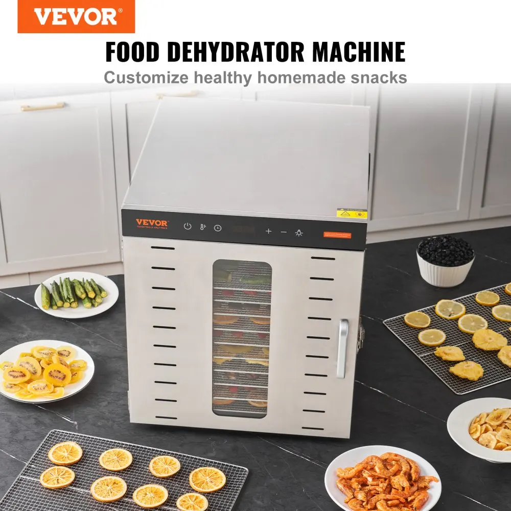 VEVOR 10 Trays Food Dehydrator Stainless Steel Machine 800W/1000W Household Vegetables Fruit Dryer with Digital Timer for Home