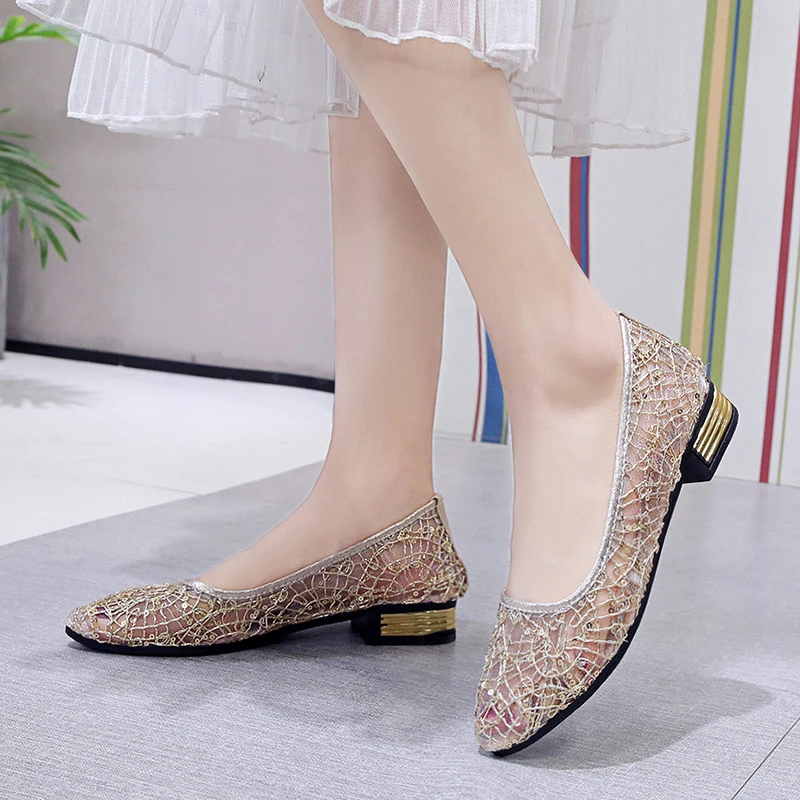 2023 Summer Women\'s Transparent Shoes Female Breathable Mesh Sandals Woman Party Sequins Low Heels Women Silver Big Size Sandals