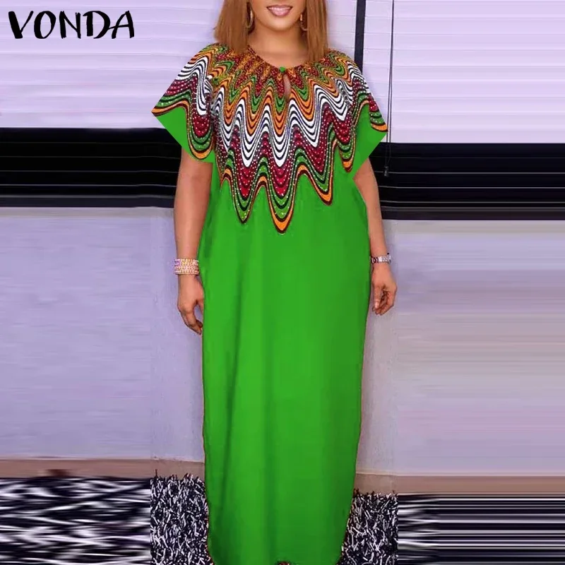 

Плюс размер 5XL VONDA, летнее женское длинное платье макси, винтажный сарафан с принтом, повседневный вечерние платья с короткими рукавами, свободный халат большого размера