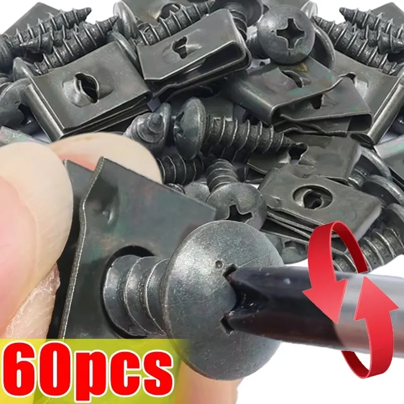 60/20Pcs Car Metal Screw Fastener U-Type Clips Anti-rust Clamp Fastener Bumper Fender Trim Panel Fastener Board Clip Accessories