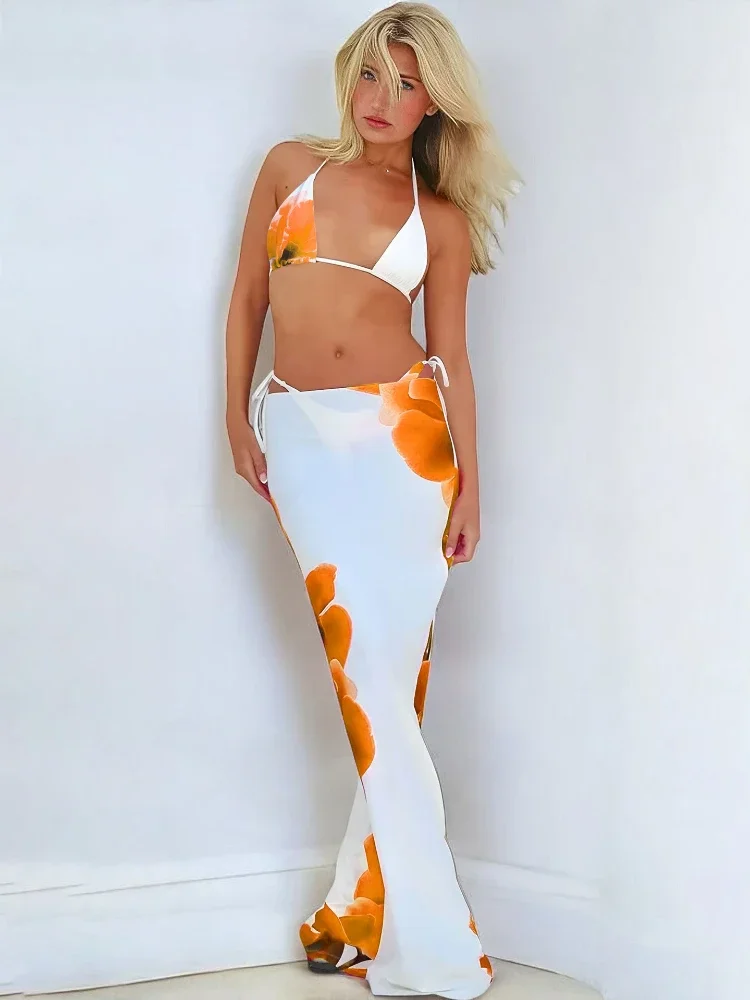 2025 New Bikini Beach Skirt Tunics for Beach Long Leaves Print Bikini Cover up Robe de Plage Sarong Beach Swimsuit cover-ups