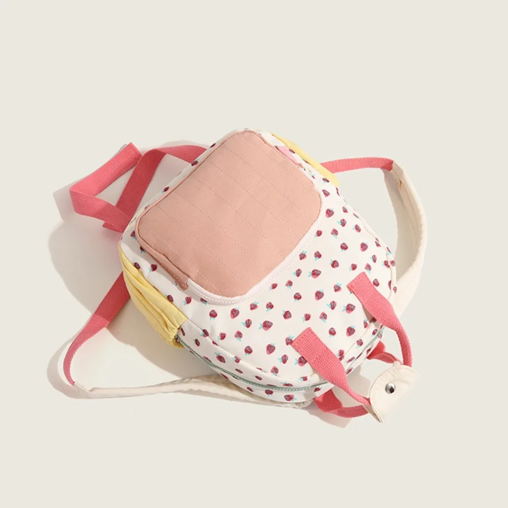 New Canvas Strawberry Print Girls Backpack Dopamine Patchwork Color Block Commuter Shoulder Bag