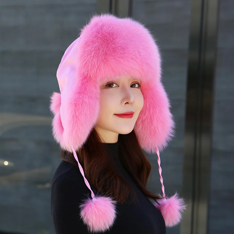 Chapéu bombardeiro de pele de raposa espessa feminino, gorro quente, bonés russos, moda coreana, chapéu de bolso Ushanka Earflap, tendência inverno