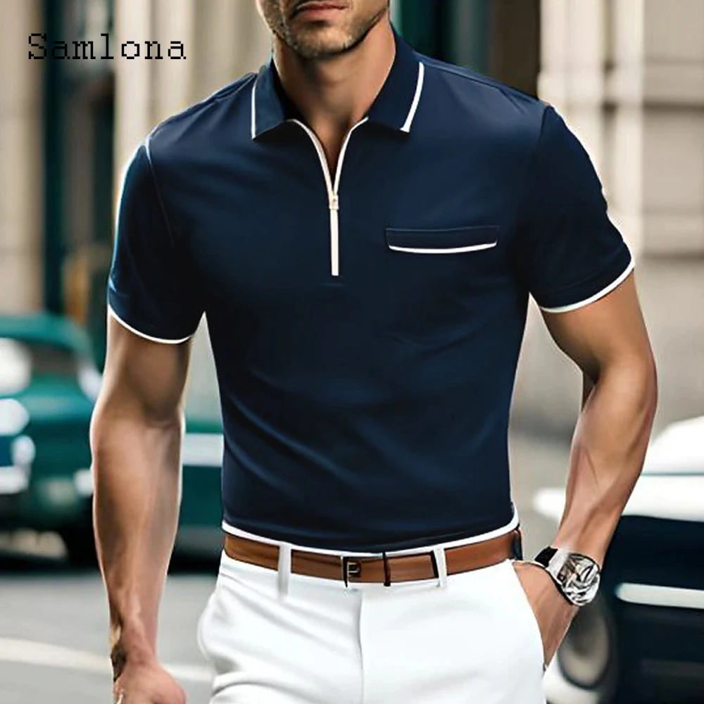 Samlona 2023 European Size Men Elegant Formal Polos Lepal Collar Skinny Basic Tops Streetwear Office Mens Fashion Zipper Shirts