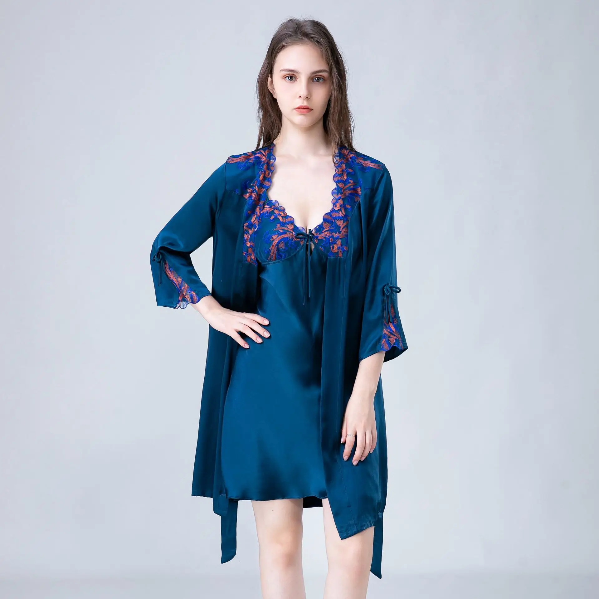 

Women's Sexy Silk Robe and Chemise with Delicate Lace 100% Mulberry Silk Belted Kimono Nightgown Spring Autumn Loungewear Pajama