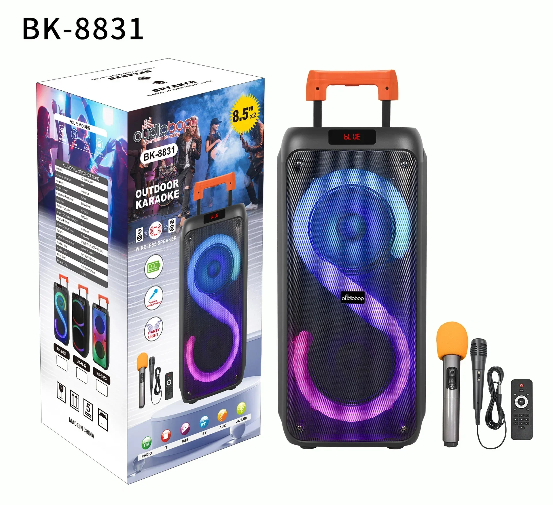 BK-8831 Karaoke Bluetooth Speaker Dual 8 Inch Trolley HIFI Portable Multi-function Music Player with Wireless Mic Remote Control