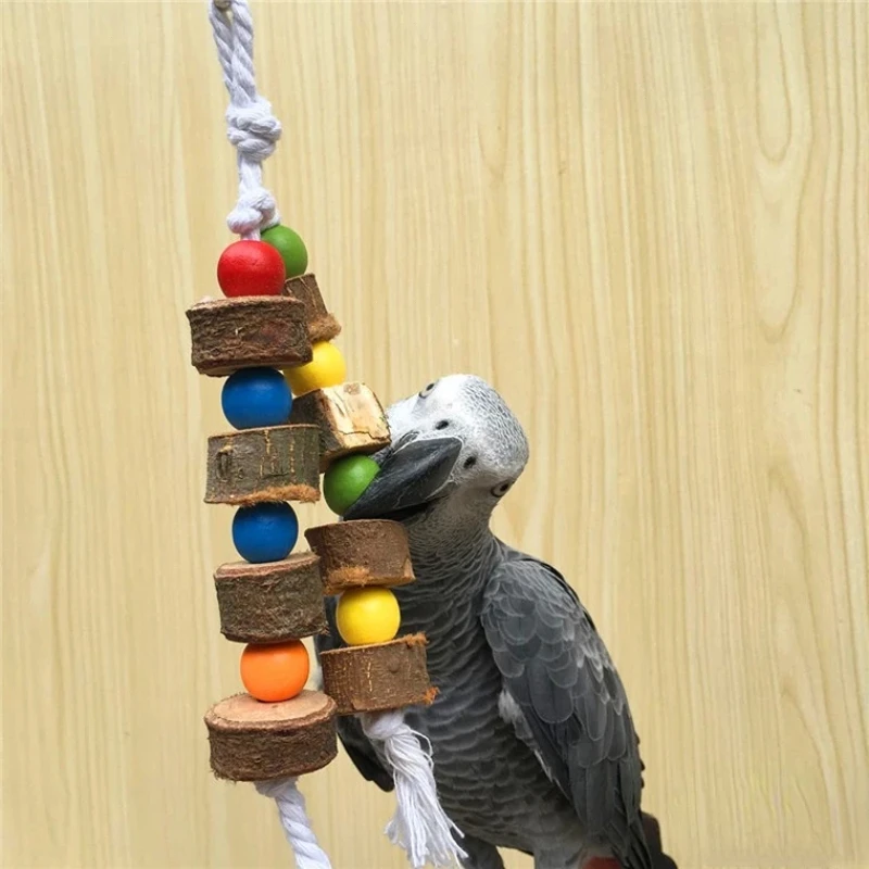 Natural Wooden Birds Parrot Colorful Toys Chew Bite Hanging Cage Balls Two Ropes Natural Blocks Tearing Toys for Birds Macaw