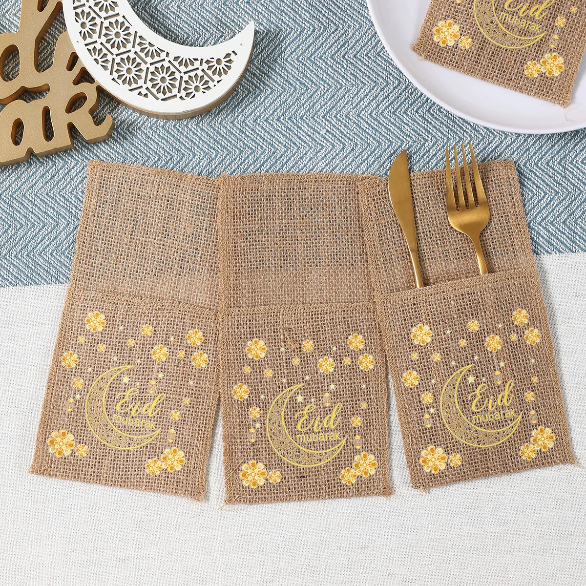Eid Mubarak Decor Burlap Cutlery Holders Knife Fork Bag for Ramadan Decoration 2025 Islamic Muslim Party Eid Al Adha Gifts