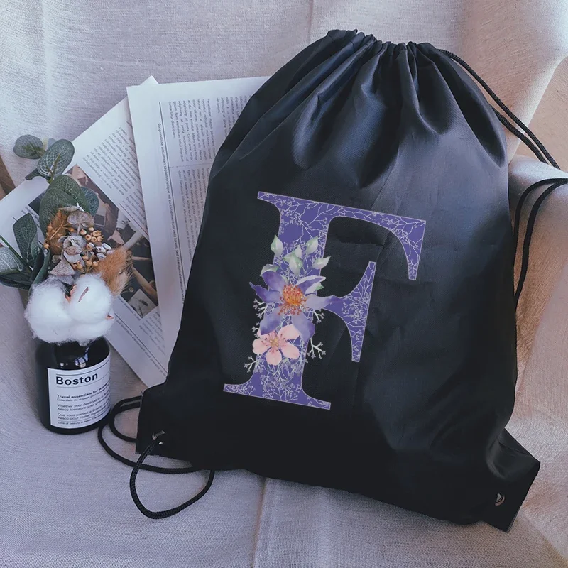 Drawstring pouchPurple Letter Print Drawstring Bag Ladies Storage Bag Fashion Shopping Bags Teenager Boys Girls Backpack Bookbag