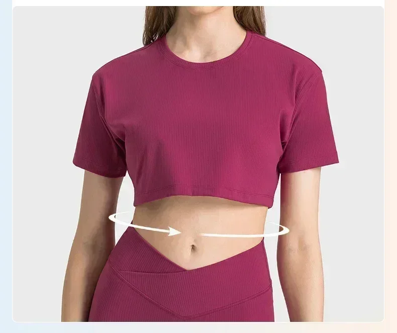 Lemon-camisetas deportivas de Yoga para mujer, ropa deportiva de tela acanalada para trotar al aire libre, Top de manga corta para gimnasio