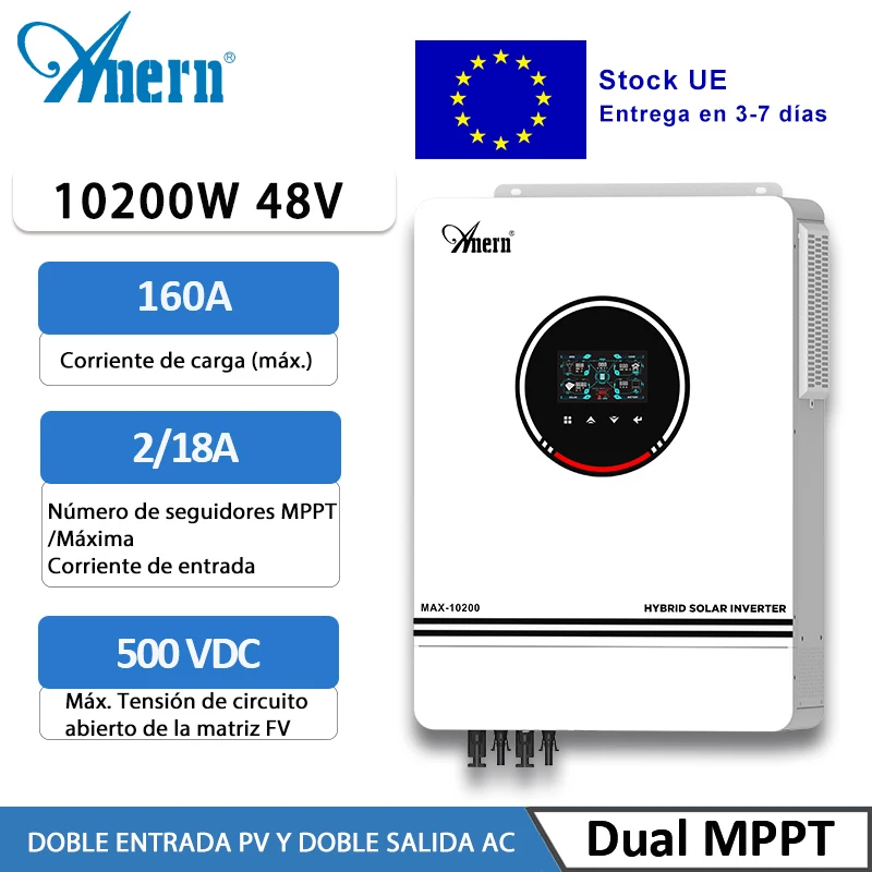 Inversor híbrido Anern de 10,2 kW, inversor fuera de la red, 48v en la red, inversor Solar de onda sinusoidal pura, controlador Solar MPPT de 160A