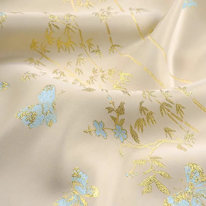 

Yellow Butterfly Jacquard Brocade Fabric Luxury Chinese Hanfu Dress Spring New Traditional Heritage Bridal Wedding DIY Material