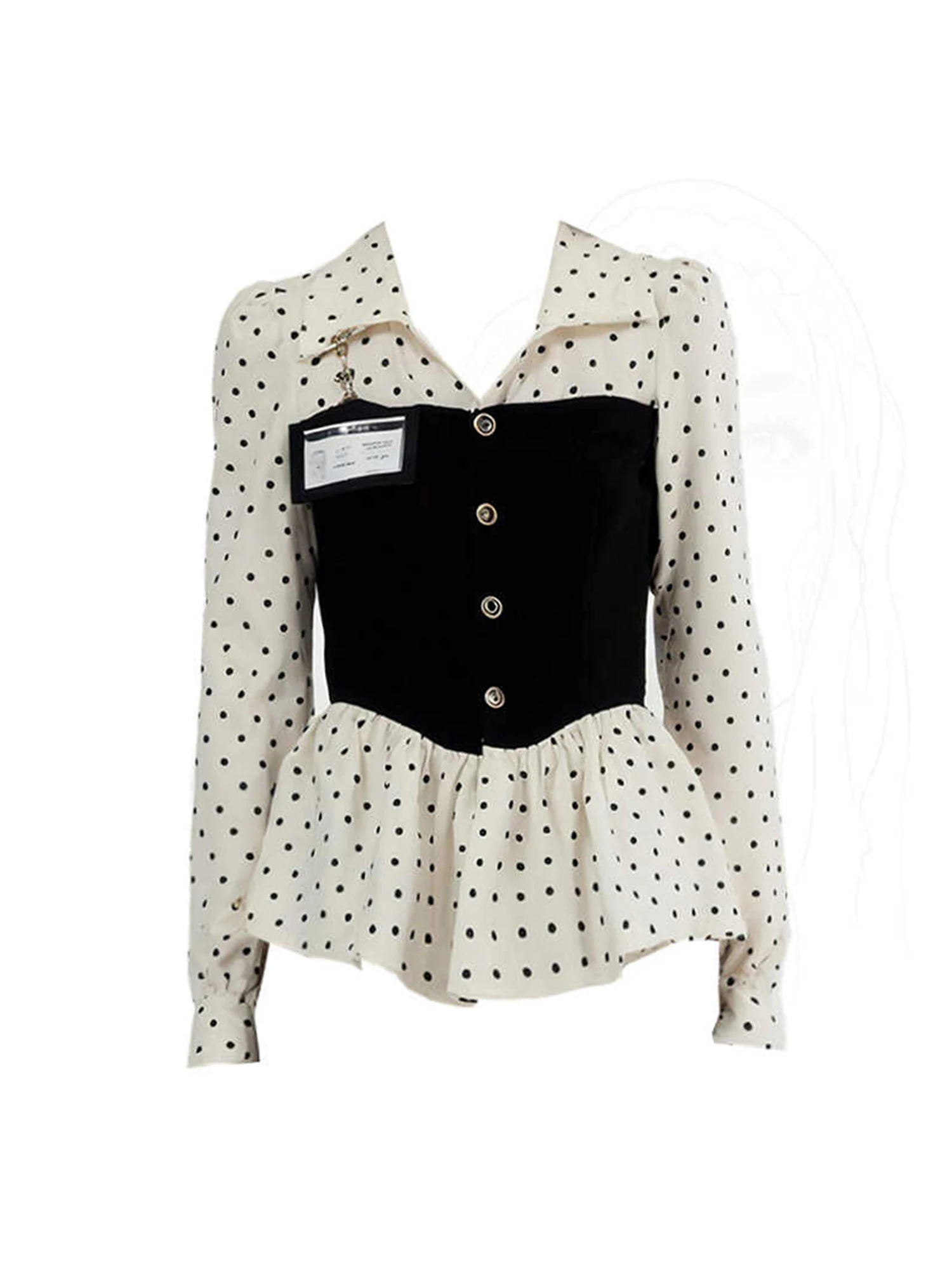 

Women Patchwork Shirts Polka Dot Blouses Y2k 90s Vintage Elegant 2000s Long Sleeve Polo-Neck Luxury Shirt Fashion Clothes Autumn