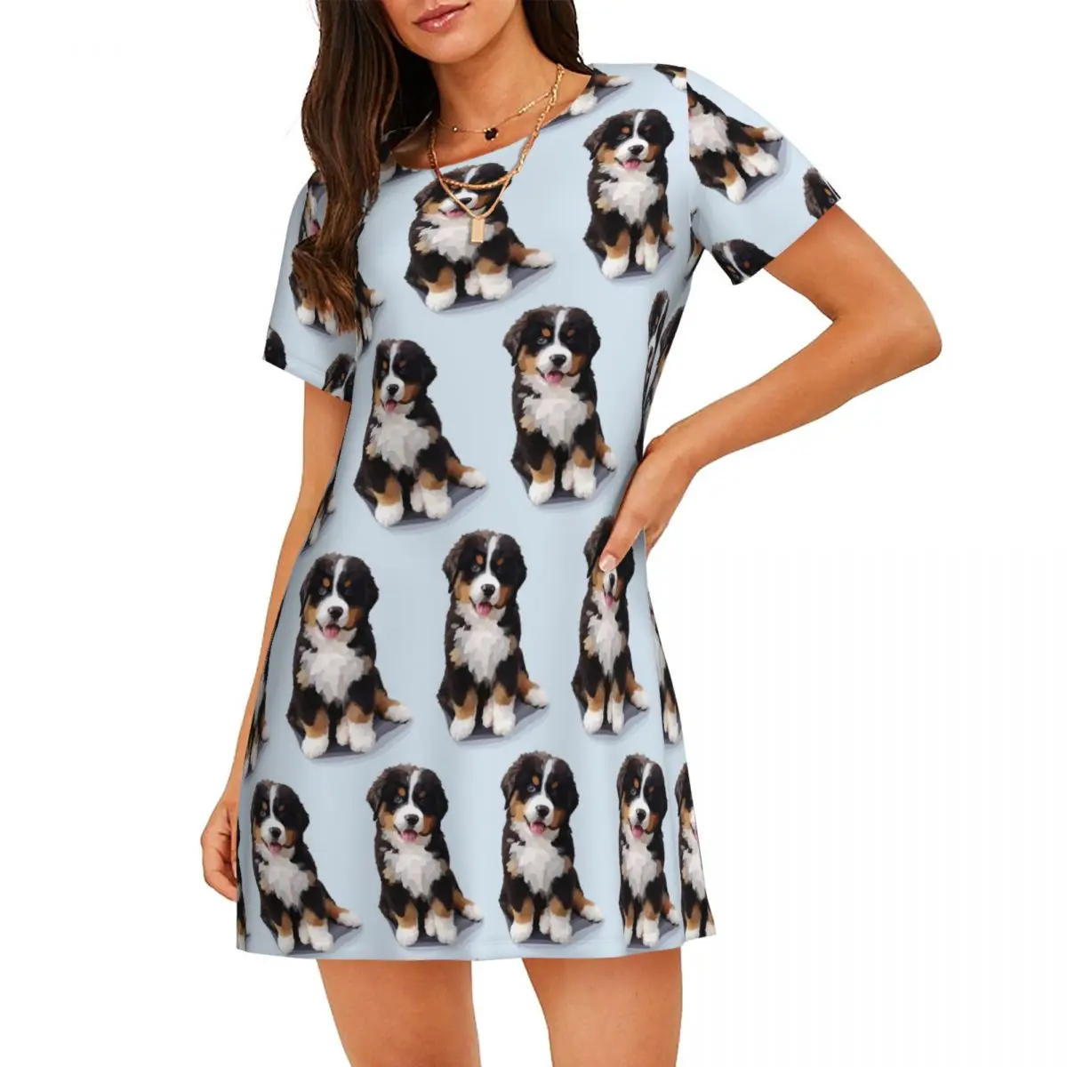 Van Gogh Style Painting Of Bernese Mountain Dog Short Sleeves Nightdress For Sleeping Women Short Sleeve Nightgowns Pajama Dress - view 2