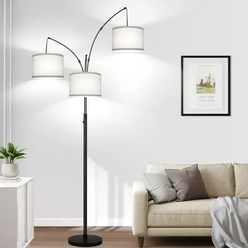 Dimmable Floor Lamp 3 Lights Black Arc Floor Lamp Modern Tall Standing Tree Lamp with Grey Linen Shades Heavy Base 3000LM LED