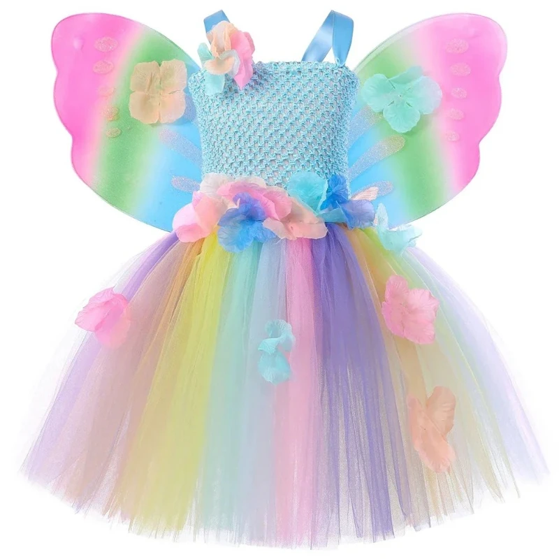 

Костюм феи-бабочки для девочек, наряд для дня рождения, платье-пачка принцессы с радужными цветами и крыльями, платье на Хэллоуин для девочек