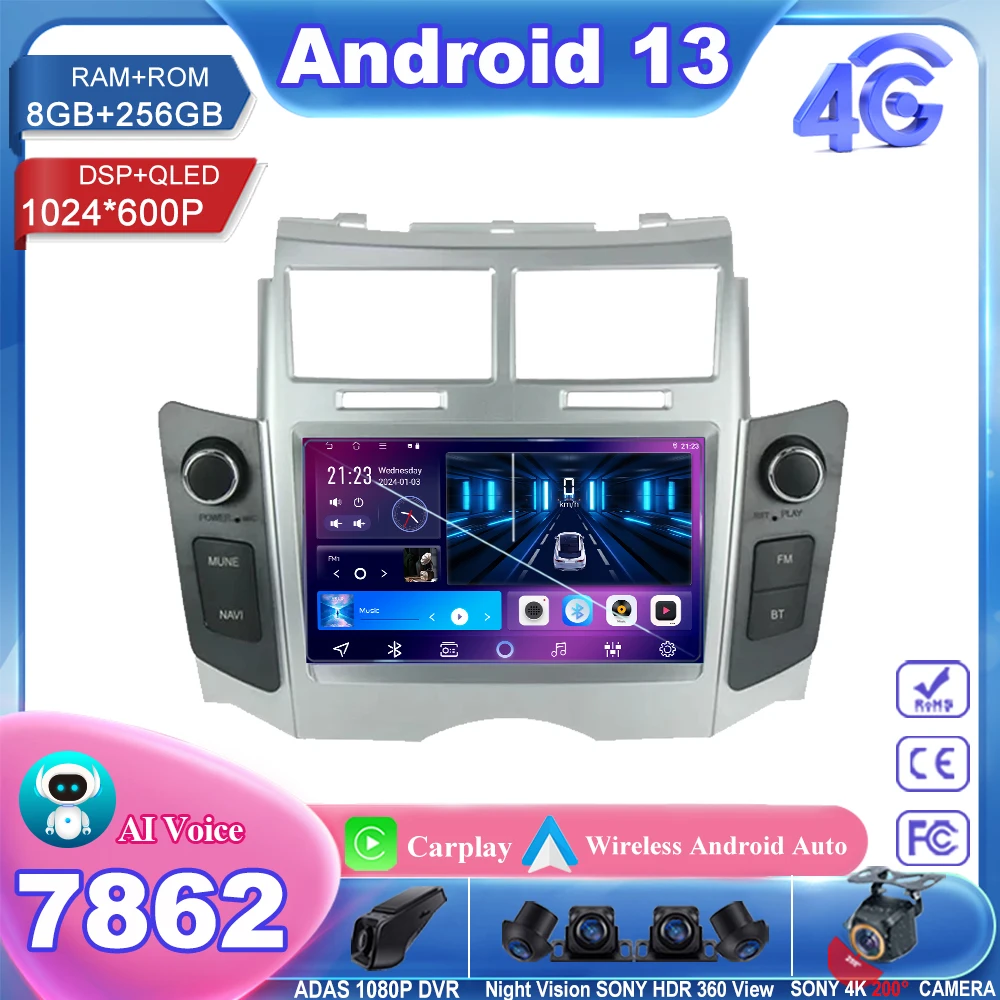 

7 Inch Car Radio Wireless Carplay For TOYOTA YARIS 2005 - 2011Android 13 Multimedia Player GPS Navigation 5G wifi QLED No 2din