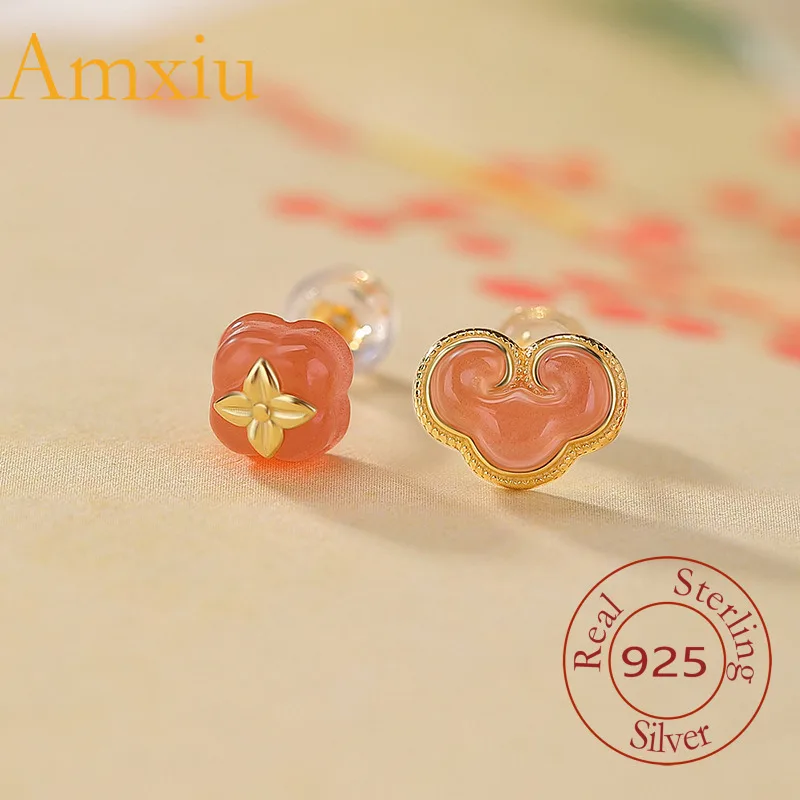 

Серьги Amxiu из стерлингового серебра 925 пробы с натуральным водным красным позолотой Ruyi Persimmon AB, уникальный дизайн, серьги в китайском стиле