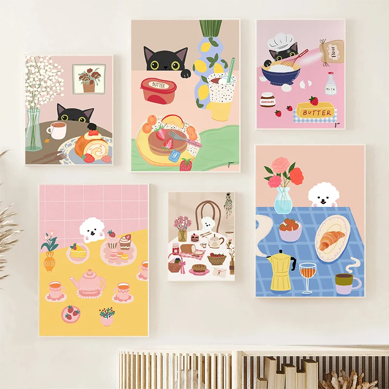 재미있는 귀여운 커피 고양이 빵 강아지 크로와상 포스터 및 프린트 캔버스 인쇄 벽 아트 그림, 거실 주방 장식