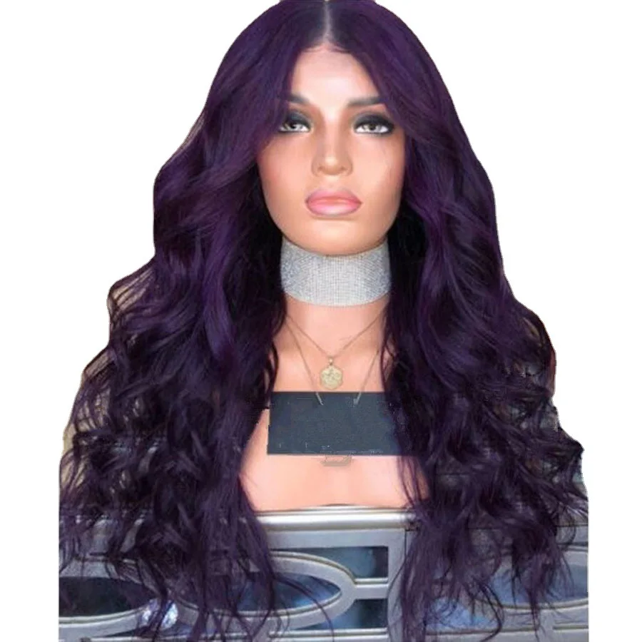 WoodFestival Wavy Purple Synthetic Wig Long Hair Colored Cosplay Wigs For Women Female Grey Green Pink Red Dark Brown Black Blue