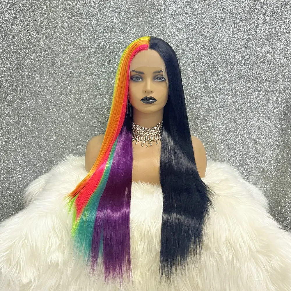 Half Black Half Rainbow Color 28 Inch Glueless 13x3.5 Synthetic Lace Front Preplucked Drag Queen Cosplay Wigs With Baby Hair