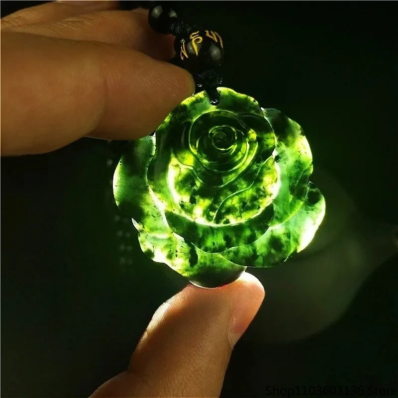 

Certified Chinese Natural Black Green Jade Rose Pendant Necklace Obsidian Charm Jewellery Accessories Carved Amulet Gifts