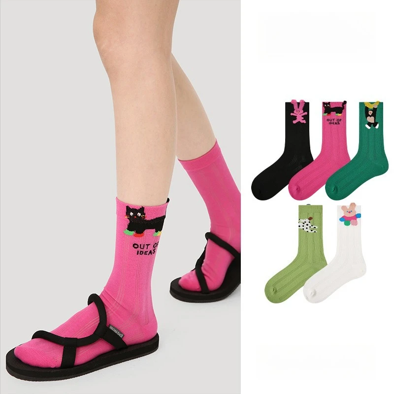 

5 Pairs/Set Cute Lolita Kawaii Middle Tube Sock Women Fashion Sock Creative 3D Cartoon Animals Hosiery Spring Summer Girls Socks