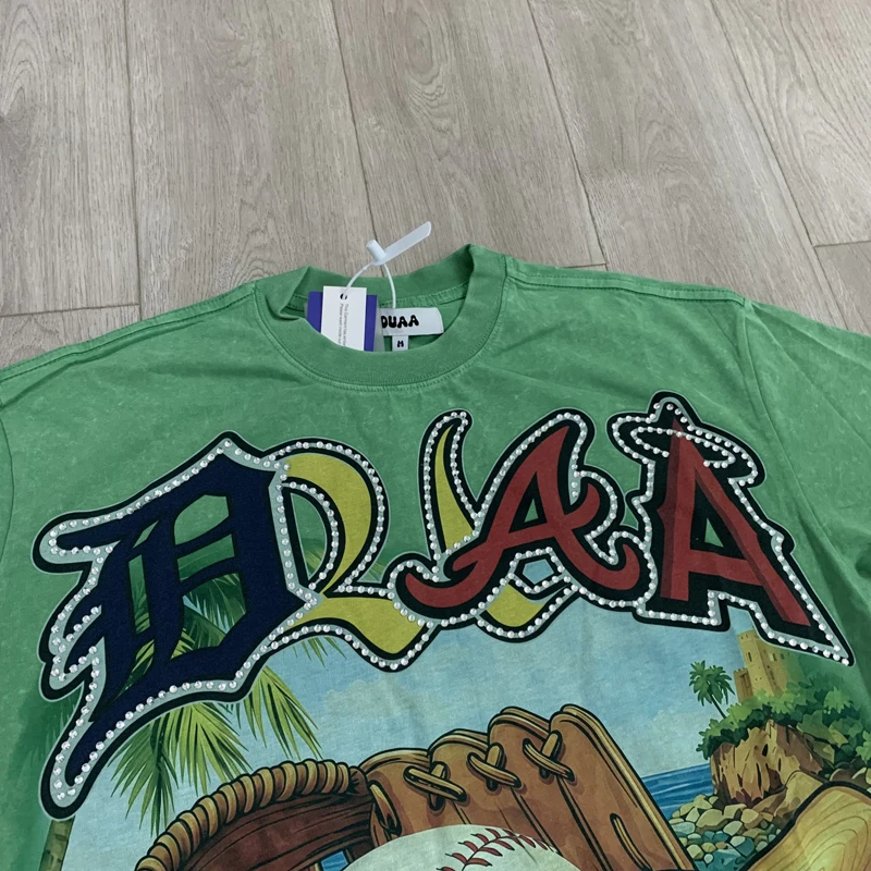 Summer White Ink Direct Spray Rugby Print Hotfix Rhinestone Green DUAA Tshirt Men Women Round Neck Short Sleeve Loose Streetwear