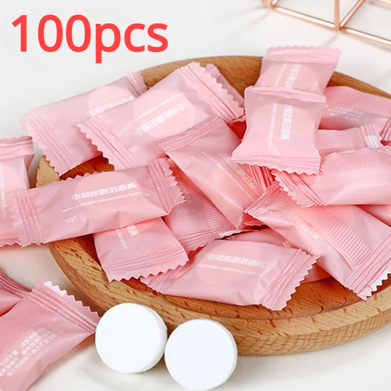 

100pcs Disposable Towel Compressed Portable Travel Non-woven Face Towel Water Wet Wipe Outdoor Moistened Tissues Candy Towels