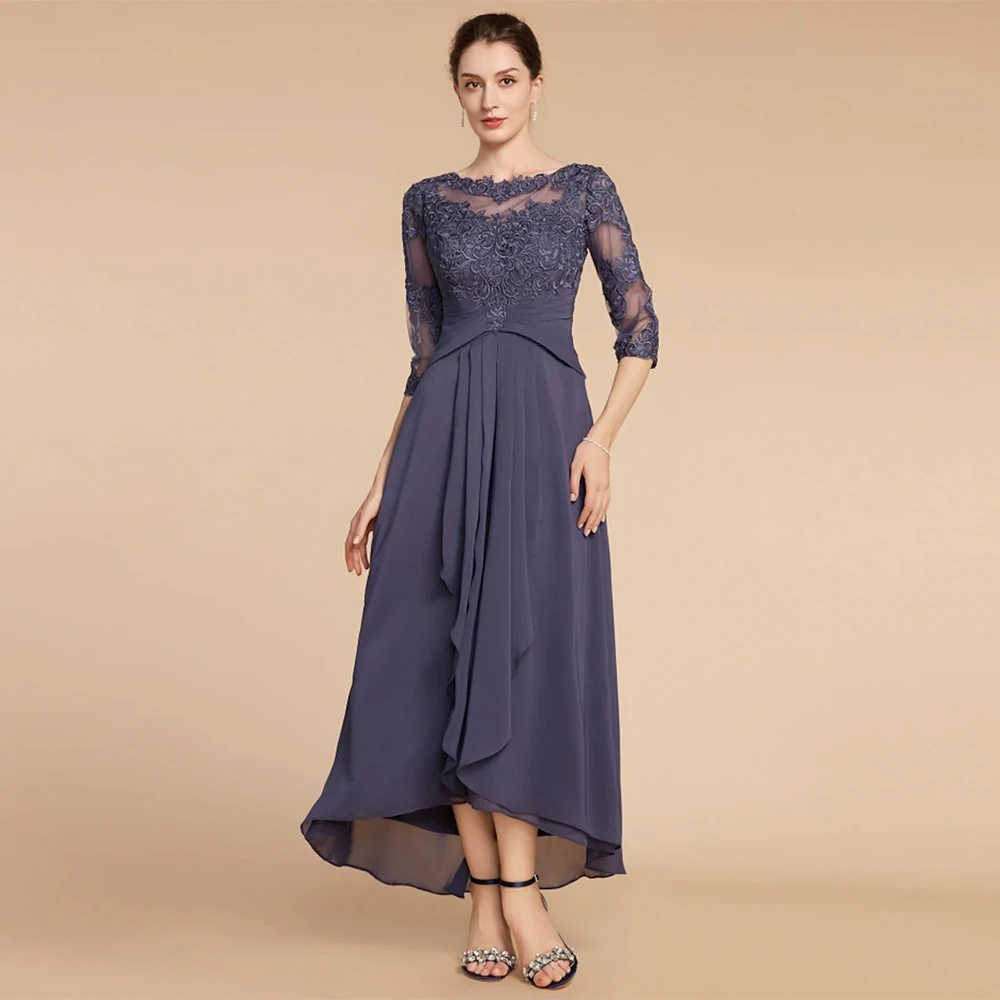 Mother of The Bride Dress Scoop Neck 3/4 Sleeves Applique Pleat Waist Ankle Length A Line Wedding Guest Gown Party Dresses