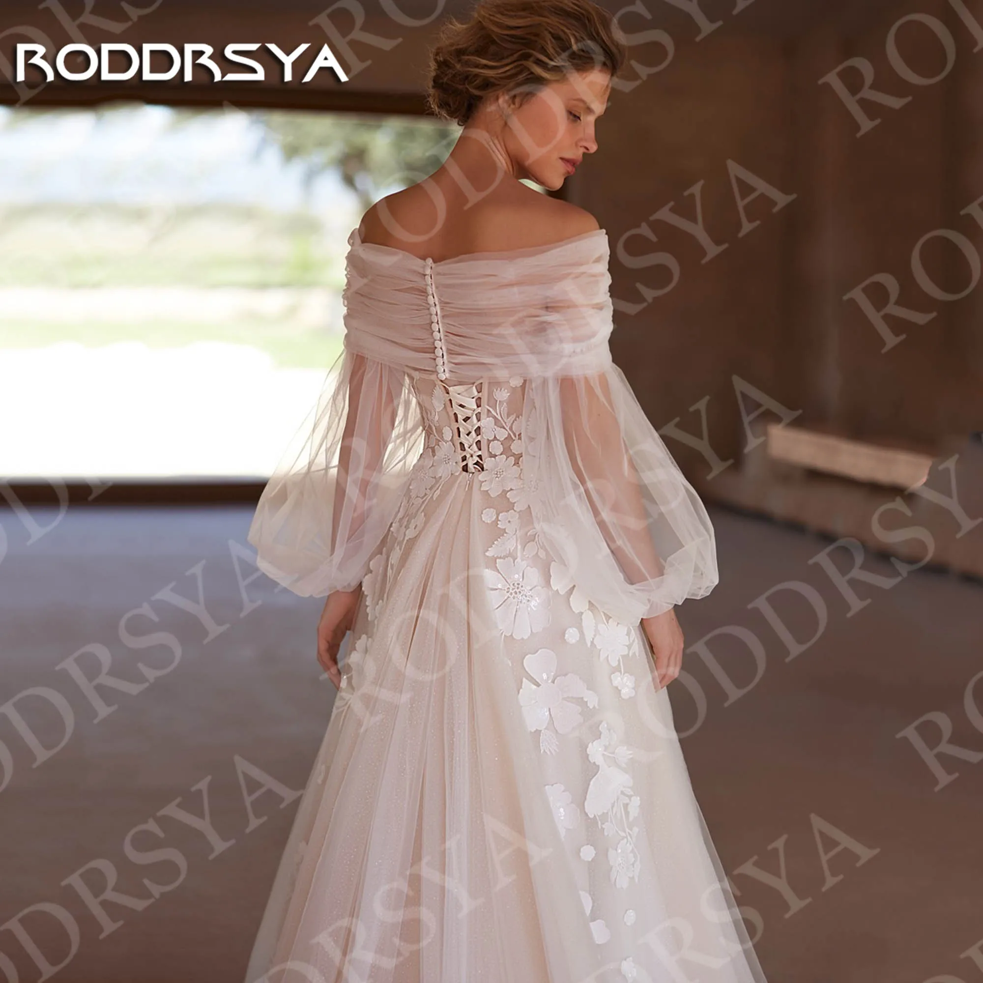 Roddrsya romântico uma linha vestidos de casamento para mulher fora do ombro floral renda tule vestido de noiva personalizado Romântico vestidos de noiva de linha para mulher fora do ombro Floral Lace Tulle Vestido de
