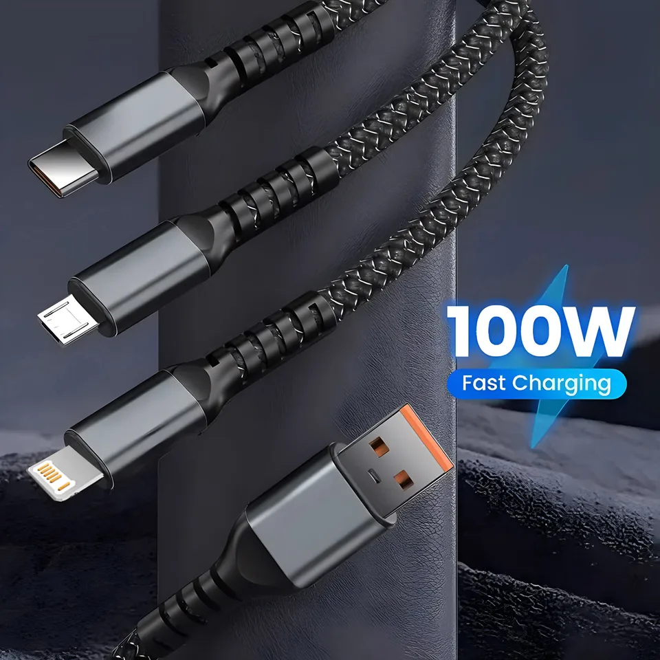 Cable de carga súper rápida 100W 3 en 1 transparente luminoso tipo C USB multi-extensión para Android 6
