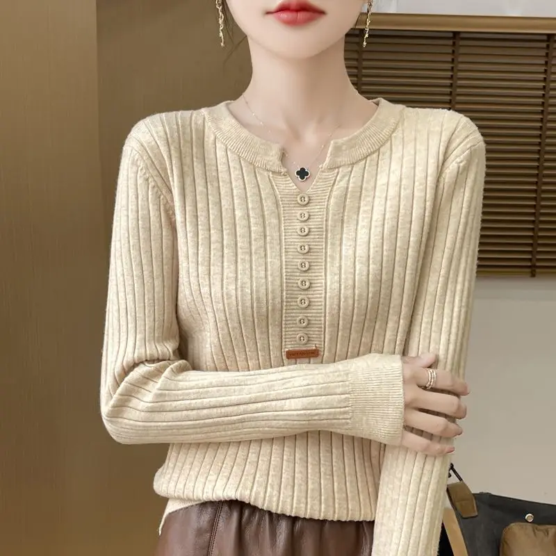 Autumn Winter Multicolor Fashion Striped All-match Sweater Women Long Sleeves Loose V-neck Shoulder Straight Long Sleeve Tops