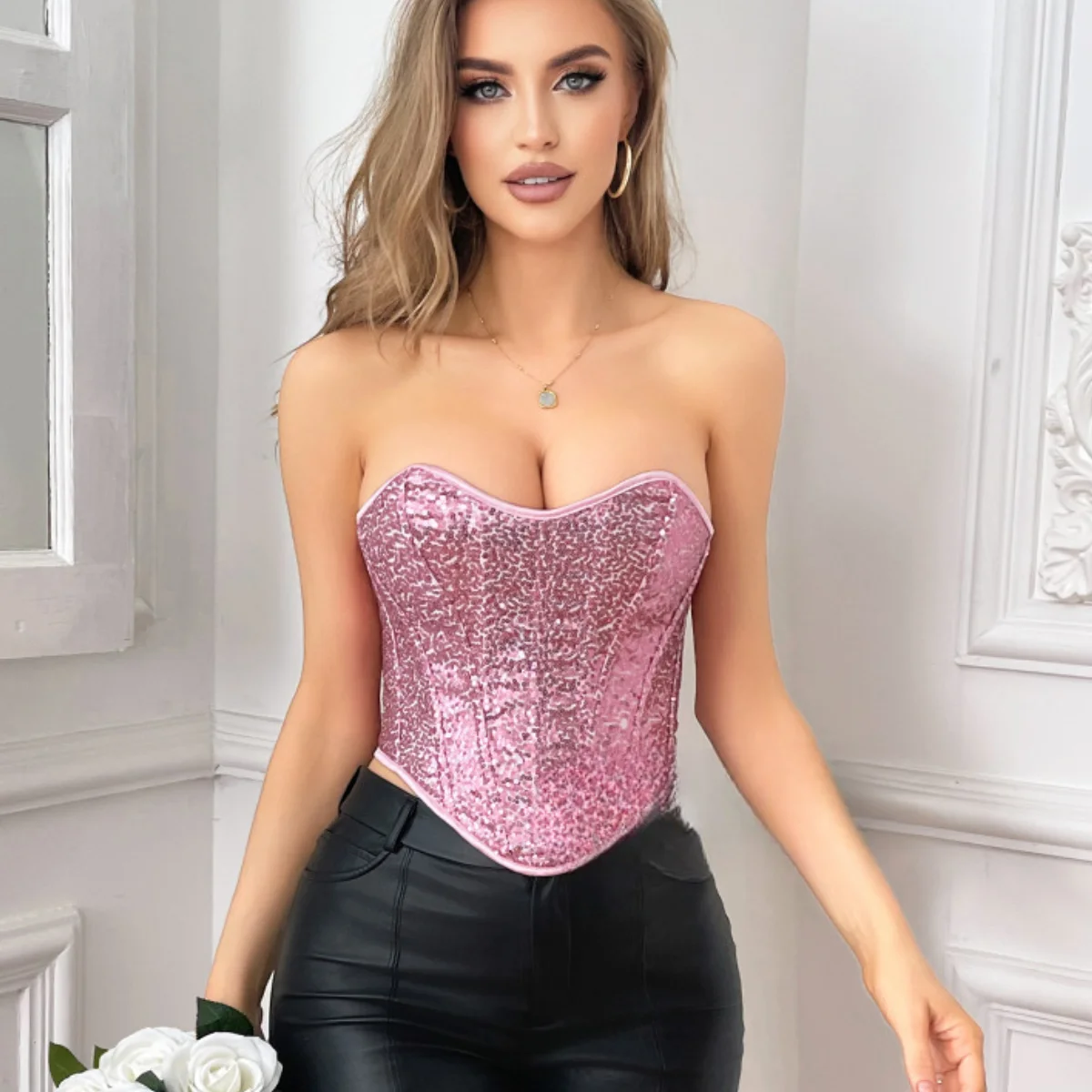 

Pink Sweetheart Style Corset Sequin Strapless Crop Tops Push Up Bra Overbust Corselet Sexy Women Party Cami Body Shaper Bustiers