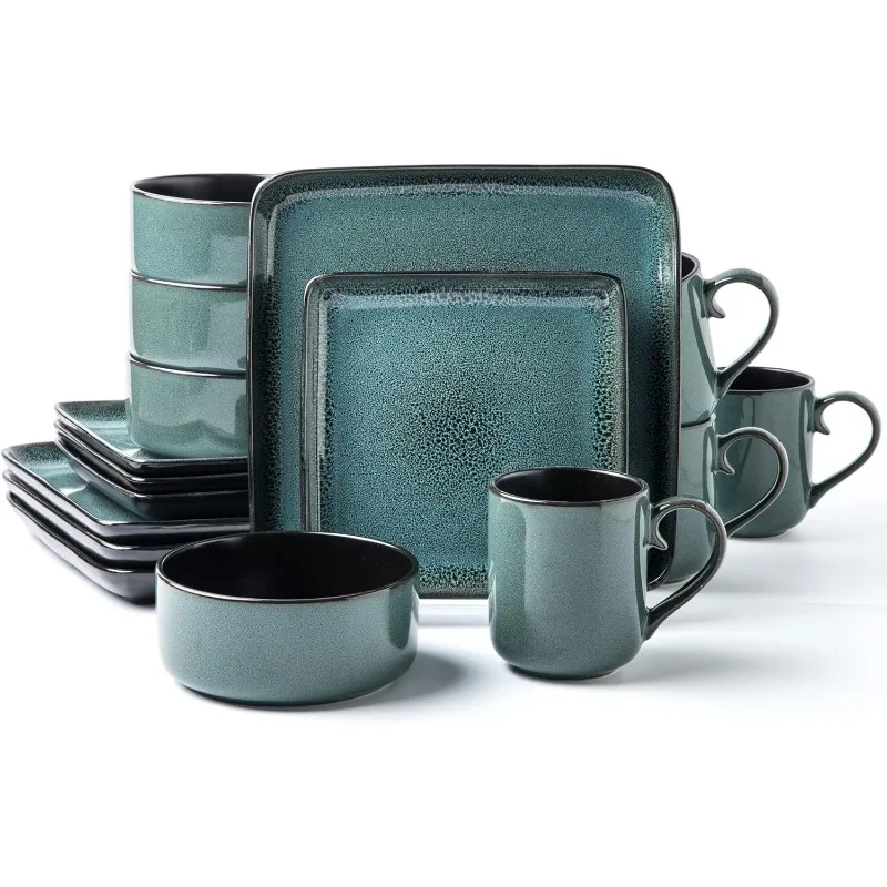 Square Stoneware Dinnerware Set for 4, Dinner Plates, Side Plates, Cereal Bowls, Mugs - Reactive Glaze