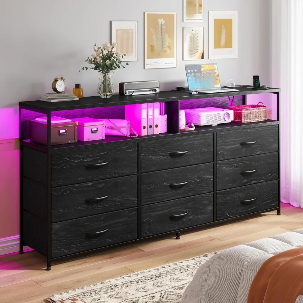 55” W Black Dresser for Bedroom with Charging Station & LED, 65 TV Stand for Bedroom with 9 Fabric Drawers, Sturdy Chest of Draw