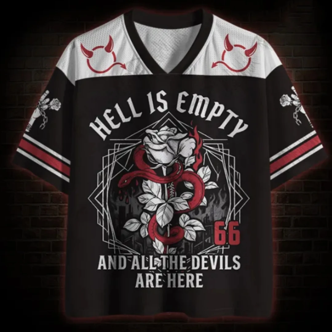 Gothic Style Snake Patterned Red Rose V-neck Mesh Short Sleeved Hell Void Quote Devil's Corner Number 66 Punk Sports T-shirt